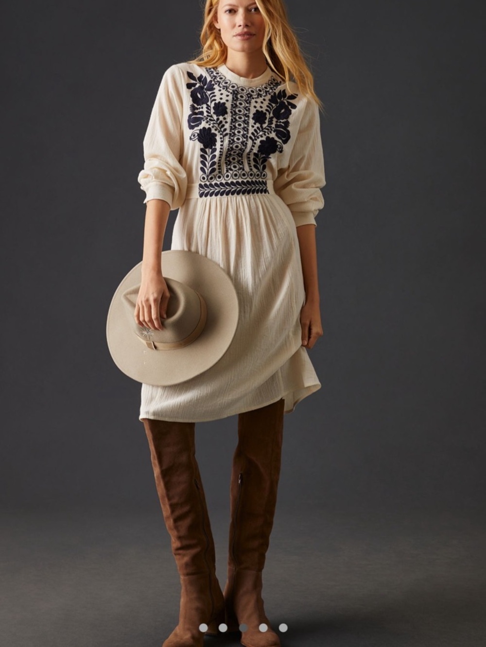 Anthropologie Antik Batik Cotton Ivory Long-Sleeve Black Embroidered Dress - Picture 1 of 16